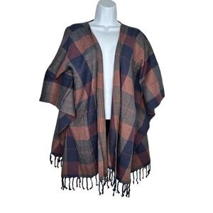 Jetty Flamond Poncho Wrap OS Brown Navy Plaid Fringe Open Front Cape NWT